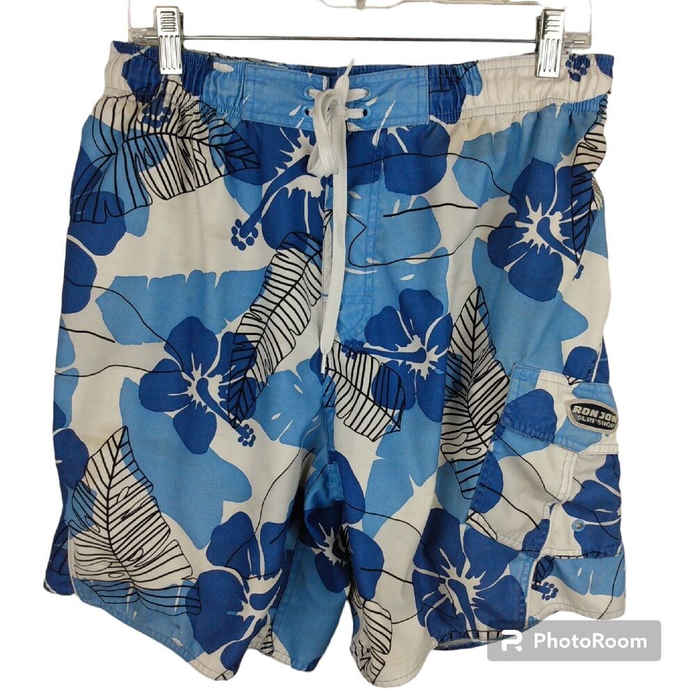 Ron Jon Surf Shop Mens Size Medium Blue Hawaiian Swim Shorts Netting Lined Board
